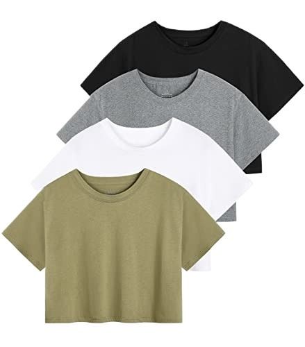 Pack Of 4 Summer Plan Crop Top Round Neck Half Sleeves Casual Plan Cotton Crop T Shirt For Girls Women And Ladies