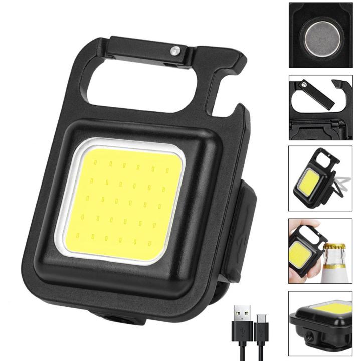 COB Rechargeable Keychain Mini Small Flashlight 3 Light Modes Portable Pocket Light with Folding Bracket Bottle Opener and Magnet Base for Fishing, Walking and Camping