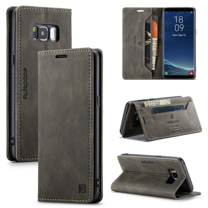lthmy for Samsung Galaxy S8 Plus Vintage Leather Flip Cover Stand Magnetic Closure Shockproof Protective Case