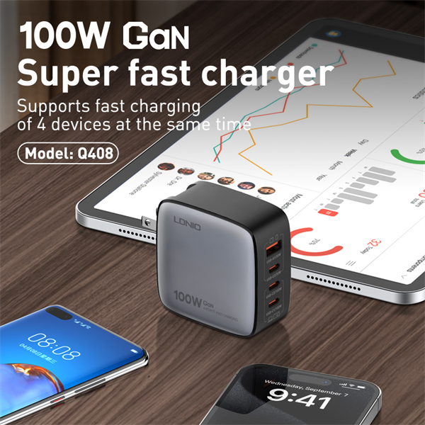 LDNIO Q408 100W GaN Charger PD Small Usb C Mutil Device Quick Charge,  Charger GaN with USB C Ports - LDNIO Q408 100W GaN Super Fast Charger -  00W GaN Super Fast Charger Plug 1 USB 3 Type C Adapter Wall Mobile Phone Charger - 100W charger - 100W - charge