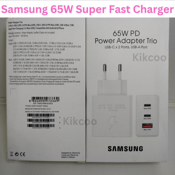 Samsung 65W PD Super Fast Charging Adapter with 2 Type-C and 1 USB Port USB C Charger Quick Charge QC4.0 QC PD3.0 PD USB C Type C Fast USB Wall Charger Adapter For Galaxy S22 S22 Ultra S22 Plus S21 S21 Ultra S21 ProS20Plus Note 10+ A90 A80