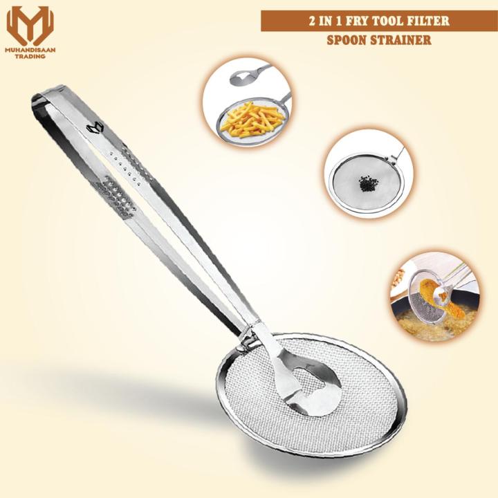 Multi-functional 2 in 1 Fry Tool Filter Spoon Strainer, Frying Mesh Colander, Quick Strain Stainless Steel Tong, Chimta for Fried Food, Unique Frying Mesh Kitchen Tools By Muhandisaan Trading