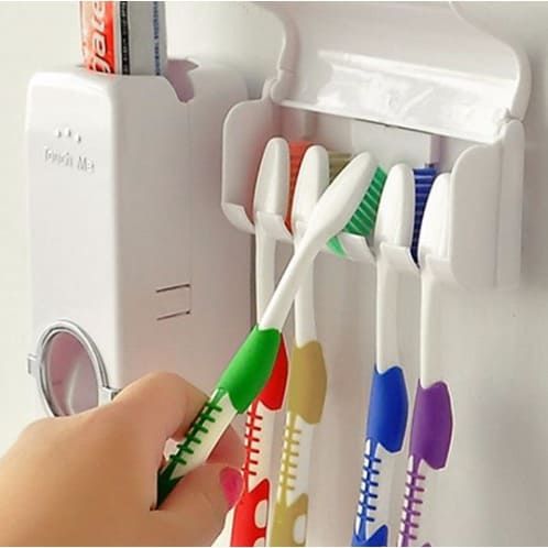 Set of Toothpaste Dispenser & Toothbrush Holder - White Automatic Toothpaste Dispenser and Toothbrush Holder Set  Wall Mounted Toothpaste Dispenser with 5 Toothbrush Holder Set  Toothpaste Squeezing Machine  Toothpaste Dispenser Tooth brush Holder set