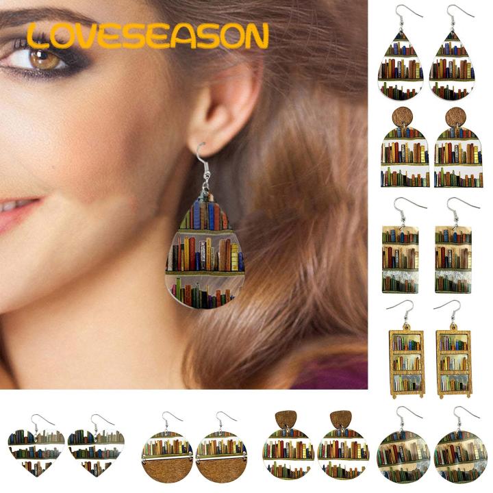Lightweight Book Earrings Unique Book Themed Acrylic Earrings Trendy Waterdrop Shape Dangle Earrings with Book Shelves Pattern for Women Perfect Gift for Book Lovers Book Lover Earrings