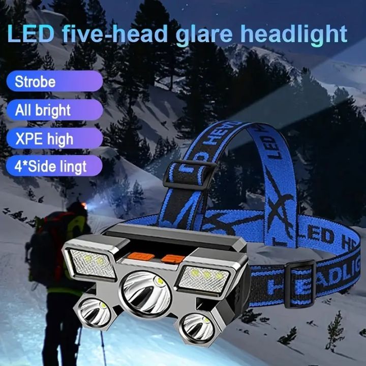 Led Five Head Headlight Strong Light Super Bright Headlamp USB Rechargeable Fishing Lamp Long Range Head Mounted Mine Flashlight