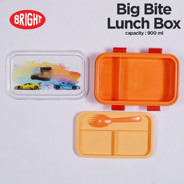 Bright Big Bite Lunch Box 900ml with fork, Cartoon Printed Plastic