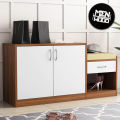 Wooden Street Engineered Wood Exotic Teak & Frosty White Finish Macon Shoe Rack Cabinet Multipurpose Rack for Home & Office with 2 Doors, 4 Shelves, 1 Drawer, Cushion Seat. 