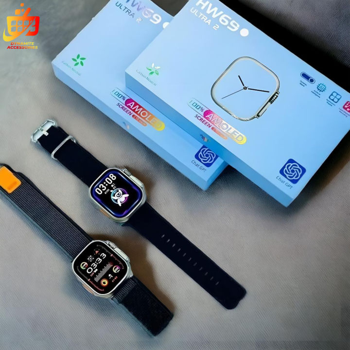 HW69 Ultra 2 Smart Watch With Super AMOLED Display, Complete Quran Built As A Recording & Script Form, Azan & Prayers Reminders, Chat GPT And Dynamic Island