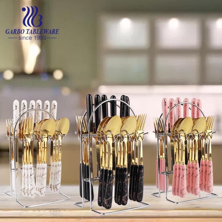 White Marblene Pattern Grip 24 Pcs Cutlery Set & Cutlery Holder
