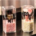 Acrylic Makeup Brush Holder With Pearls, Cosmetic Brush Case With Dustproof Lid, Countertop Brushes Holder. 