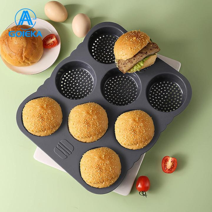 GOIKEA Mesh Air Hole Bread Mold Non-stick 8-compartment Silicone Hamburger Bun Pan Perfect for Home Kitchen Bakery Durable Mold for Bread Making Bread Mold with Mesh Air Hole Design
