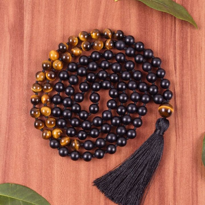 ST0613 Mens Mala Beads 108 Necklace Meditation Beads Tiger Eye Black Onyx Necklace Knotted Tassel Necklaces Mens Jewelry Gift