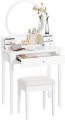 Industrial Style Dressing Table Set with Round Mirror, Padded Stool, and 5 Drawers - Elegant Wooden Dresser with Tufted Stool for a Stylish and Functional Makeup Haven. 