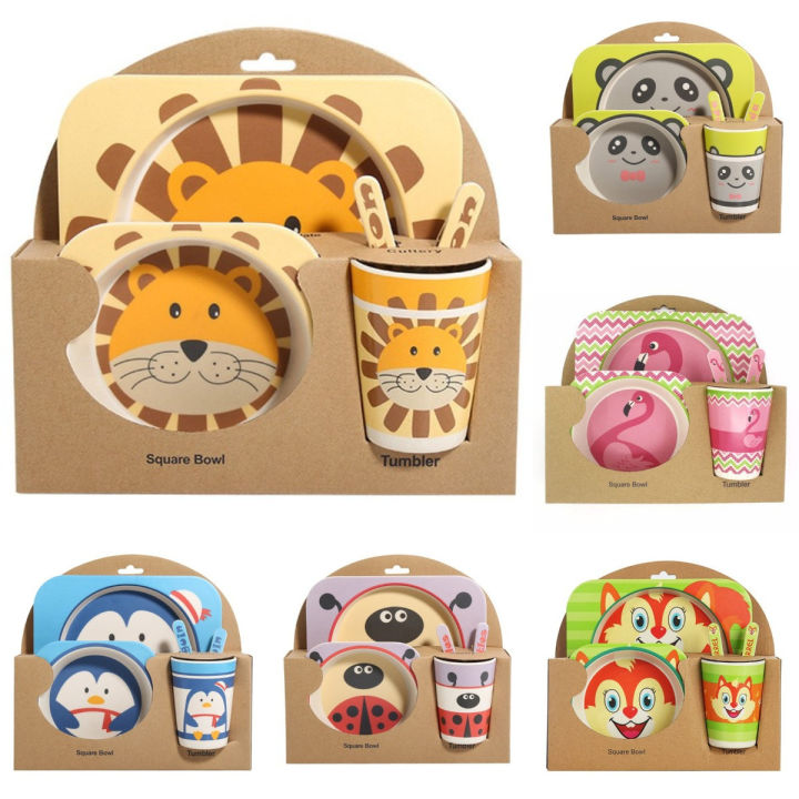 5 Pcs Baby Bamboo Dishes Set Bowl+Spoon+Fork Feeding Food Tableware Eco-friendly Cartoon Animal Kid Feeding Bowl Dinner Plate Gift Set for baby birthday and school (Random Designs)