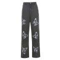 Women's Loose Jeans, High Waist Butterfly Print Long Straight Pants, Slim Baggy Trousers. 