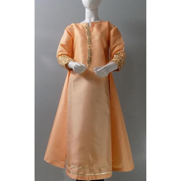 SubRung- Stylish Peach Maxi In Katan Silk With Mirror Work 4 Young Girls Age Between 6-14 Years Maximum- Sizes Given In Chart