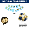 Happy Birthday Decorations Theme Blue Gold & White-Including Happy Birthday Blue Banner, 3 Confetti Balloons, 30 Latex Balloons Blue, Gold White, with Fairy Light. 