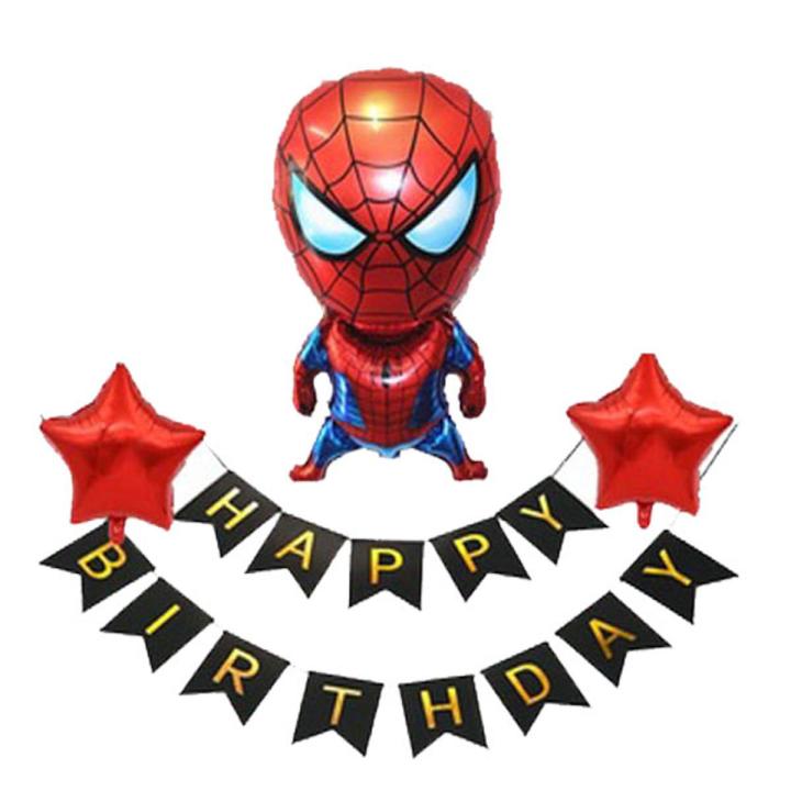 Black Happy Birthday Banner With Jumbo Size Spiderman Foil Balloon and Stars Foil Balloons Set For Kids Birthday Party Decoration .