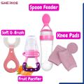 Pack of 4 | Baby Silicone Spoon Feeder + Fruit Pacifier + Knee Pads + U Shape Brush. 