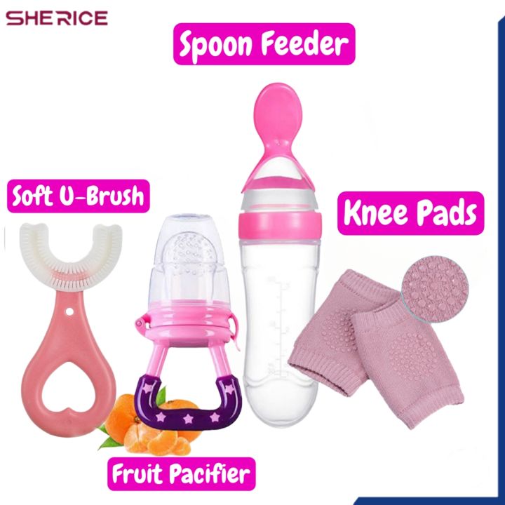Pack%20of%204%20%7C%20Baby%20Silicone%20Spoon%20Feeder%20+%20Fruit%20Pacifier%20+%20Knee%20Pads%20+%20U%20Shape%20Brush%20-%20Image%202