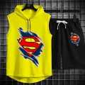 Hoodies Casual S Logo Printed Sports Sleeveless summer Track Suit For Men's & Boys Yellow T-shirt & Black Shorts. 