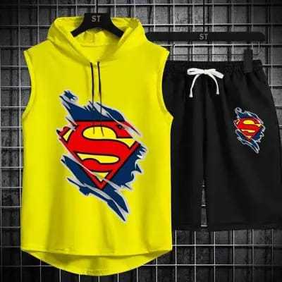 Hoodies Casual S Logo Printed Sports Sleeveless summer Track Suit For Men's & Boys Yellow T-shirt & Black Shorts