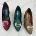 Women's Pointed Toe Pumps with Golden Buckle - Satin Finish Low Block Heel Fancy Court Shoes for Girls - Maroon, Green & Brown. 