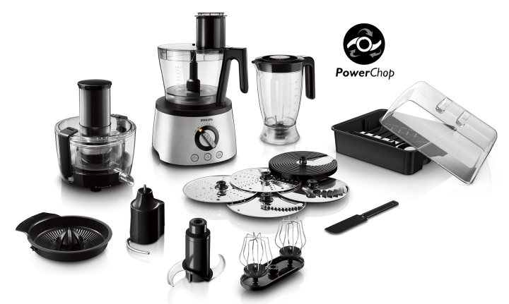 Philips 7000 Series Food Processor - PowerChop technology, 1300W, 3.4L Bowl, 1.5L Jar, Blender, Centrifugal Juicer + Citrus Press, Metal Kneading Hook - HR7778/01
