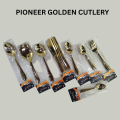 Pioneer Golden Table Spoons / Dessert Spoons / Tea Spoons / Butter Knife / Fork / Serving Round / Serving Oval / Rice Small Panja / Serving Big Panja. 
