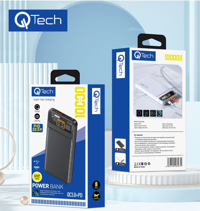 Q-Tech Q107 10000Mah Super-Fast Charging Power bank With QC3.0+ PD, Fast Charger For iPhone Samsung Xiaomi, Power Bank 10000mAh