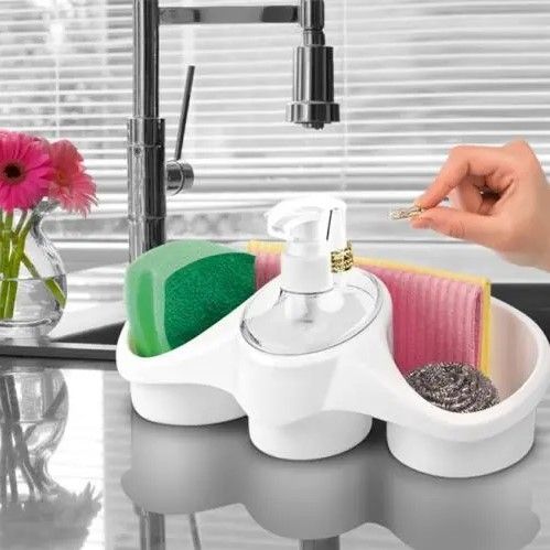 New Washing  Up Soap Dispenser with Sponge Holder Plastic For Kitchen Bathroom