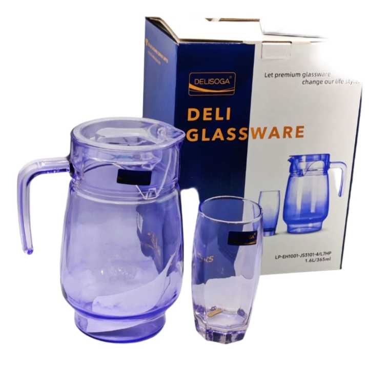 Deli Glassware Ribbed Deli Glassware 7-Piece Jug & Glass Set | Clear Transparent Round Design ...