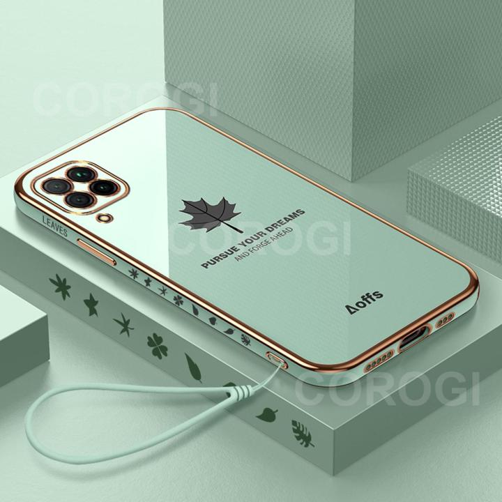 For Samsung Galaxy A12 Cover + Wrist Strap Fashion Shiny Maple leaf Plating Square Bumper Phone Case Soft TPU Silicone Shockproof Protective Back Cover