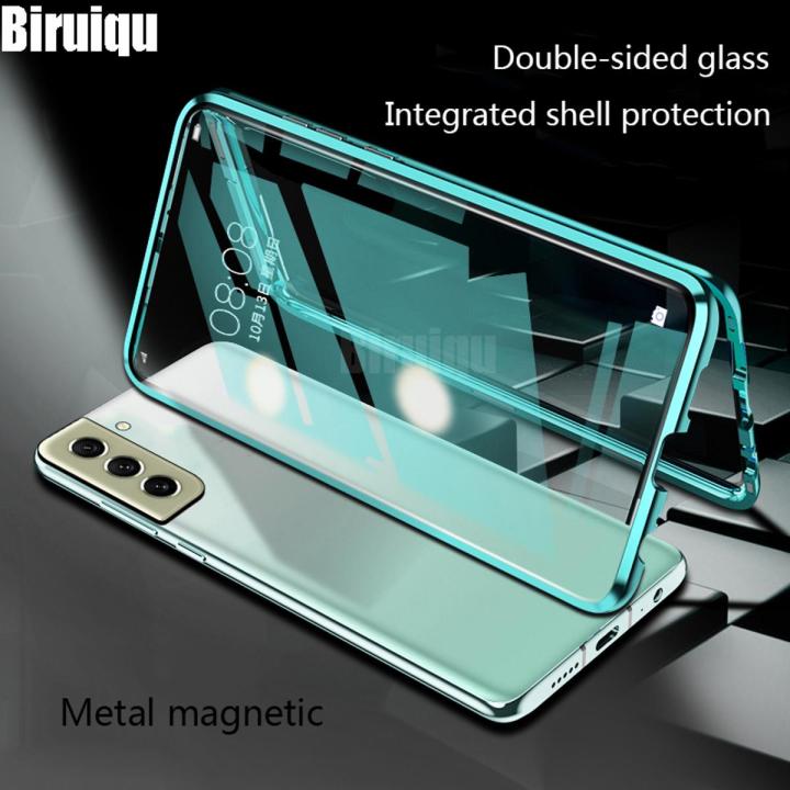Biruiqu For Samsung Galaxy S20 FE Magnetic Absorption Case Metal Frame Shockproof Double Sided Tempered Glass Magnetic Case Cover