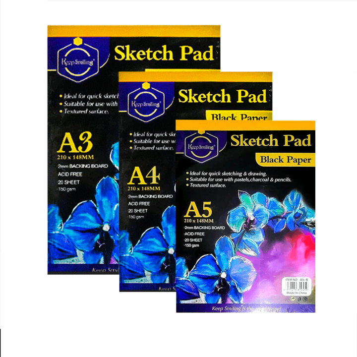 Keep Smiling Black Paper Sketch Pad For Artist 20 Sheets 150Gram