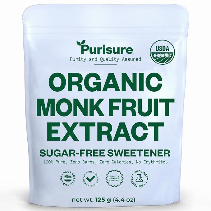 Organic Monk Fruit Sweetener, 125g (4.41oz) 400 Servings, No Fillers Pure USDA Organic Monk Fruit Extract Powder with No Aftertaste, Zero Calorie & Zero Carbs, Keto & Paleo Friendly, by Purisure