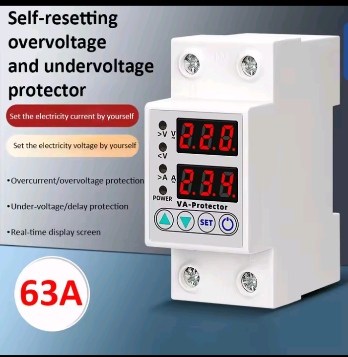 63A 230V Din Rail Adjustable Over Voltage And Under Voltage Protective Device Protector Relay Over Current Protection Limit