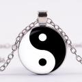 Tai Ji Yin Yang Pendant Necklace Classic Black White Chinese Sign Glass Gem Necklace Cat Paw Silver Plated. 