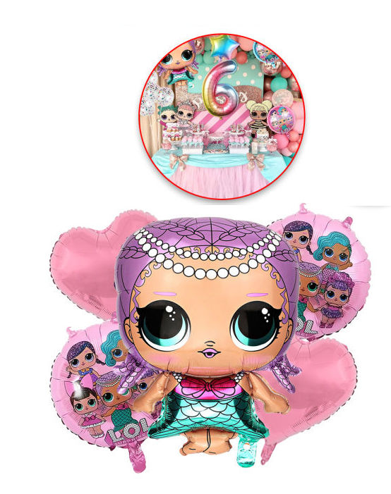 LOL Surprise Fashion & Beauty Doll Theme Foil Balloons Set of 5 Pcs Lol Surprise Cartoon Characters Chrome Metallic Balloons Set Girl Reusable Balloon For Birthday Parties Decoration Party Supplies Pre School Class Theme For Party Decor Kids