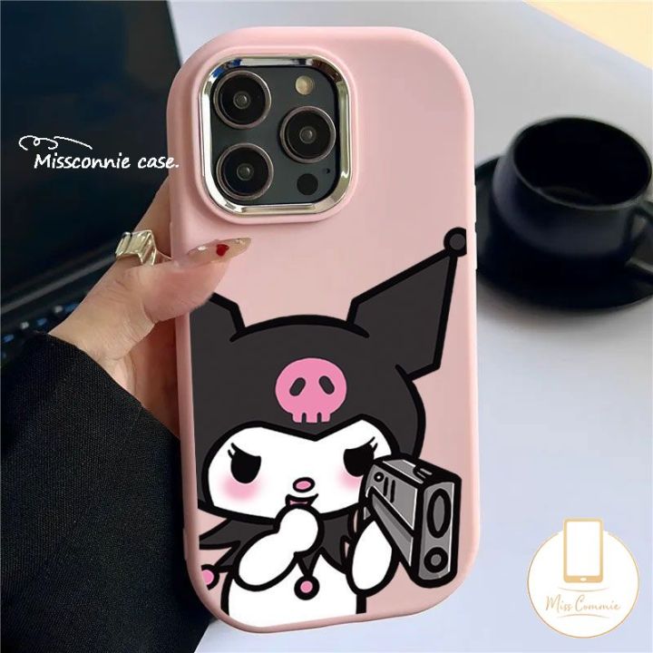 MissConnie Cartoon Sweet Kuromi Phone Case Compatible for IPhone 15 11 14 13 12 Pro Max 7Plus XS Max 8 7 Plus XR X Funny Cool Lovely Sanrio Kuromi Electroplate Plating Metal Lens Soft Cover