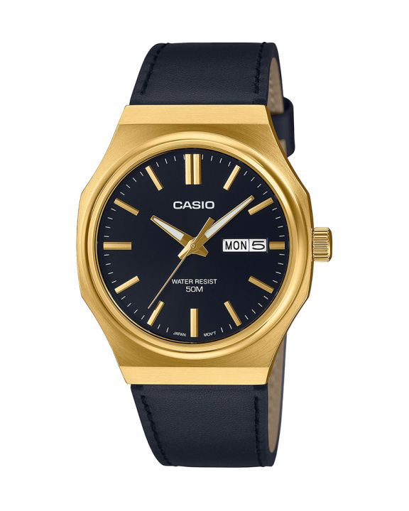 Casio General Standard Mens Gold Ion Plated Stainless Steel Case Round Analog Day, Date Black Geniune Leather Band Watch-MTP-E735GL-1AVDF