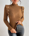 bellylady Women's Mock Neck Ribbed Knit Ruffle Long Sleeve Sweater. 