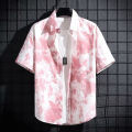 Yfashion Men Casual Shirts Summer Thin Tie Dye Printing Cardigan Top Lapel Short Sleeve Fashion Lover T-shirt color. 