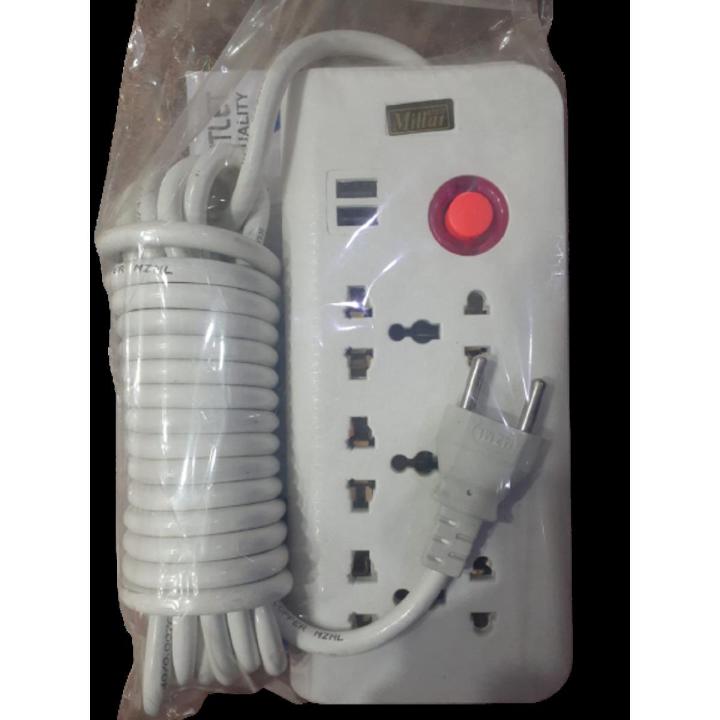 Extension Board with 6 Sockets (3 simple + 3 universal sockets) +2 USB Ports for Mobile Charging with 4 meters long Copper wire