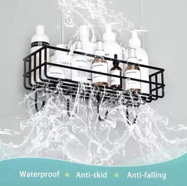 Bathroom%20Metal%20Shelf%20with%204%20hooks%20for%20Room%20and%20Bathroom%20Storage%20Hanging%20Shelf%20Organizer-Wall-Mounted%20Spice%20Rack%20Organizer,%20Shower%20Shampoo%20Holder,%20Bathroom%20Corner%20Frame,black,%20white%20-%20Image%204