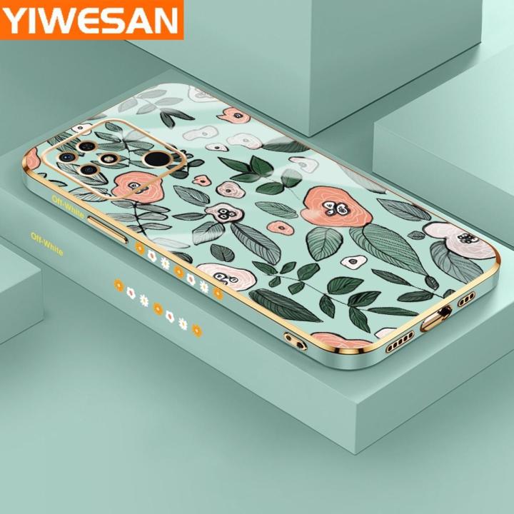 YIWESAN For Xiaomi MI Redmi 10C Case Cartoon Fashion Flower Side Edge Square Pattern Luxury Plating Phone Case Full Camera Casing Shockproof Protection Cases Soft Back Cover Softcase