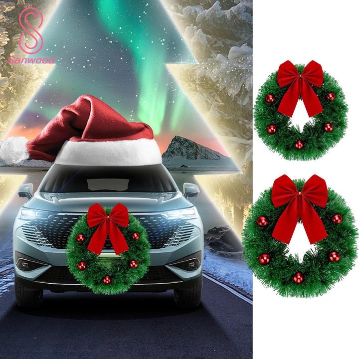 Holiday Car Wreath Christmas Car Wreath with Red Balls Large Bowknot Festive Auto Front Grill Decoration for Suv Truck Indoor/outdoor Xmas Garland Pendant