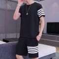 Black stripped printed summer short tracksuit round neck half selves Tshirt + short  wear tracksuit for men and boys. 