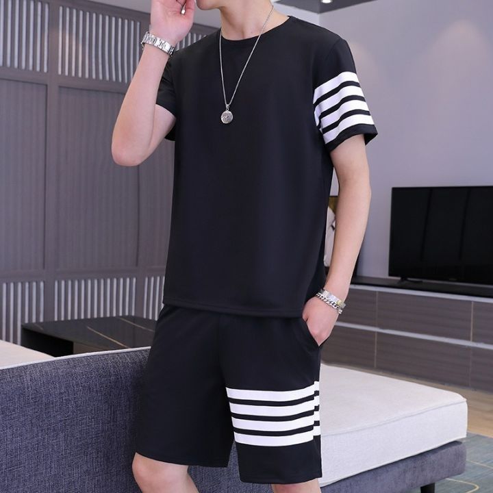 Black%20stripped%20printed%20summer%20short%20tracksuit%20round%20neck%20half%20selves%20Tshirt%20+%20short%20%20wear%20tracksuit%20for%20men%20and%20boys%20-%20Image%203