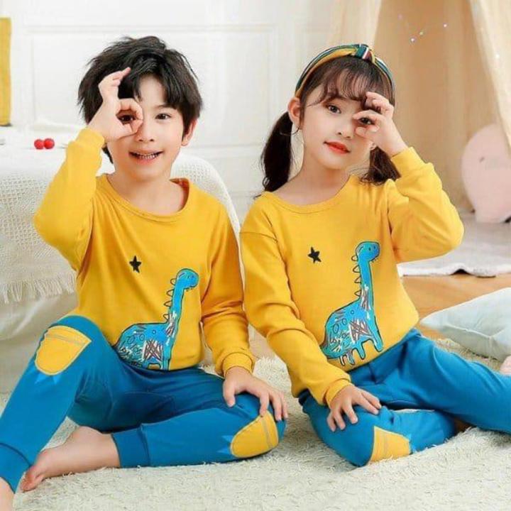 Kids Yellow Blue Dino Printed Night Dress Jersey 1 to 10 years old Boys And Girls Suits Daraz.pk